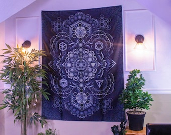 Wandtapijt heilige geometrie: psychedelische mandala-muurkunst (55 x 73 inch)