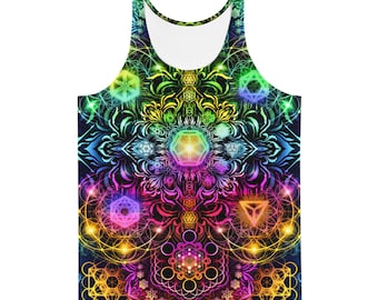 Psychedelische tanktop heren: neon regenboog raveshirt heilige geometrie