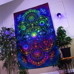 UV Black Light Reactive Sacred Geometry Wall Hanging V2 - Spiritual Wall Art, Psychedelic Backdrop