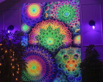 Tapisserie mandala réactive aux UV : art lumineux noir trippy, tenture murale psychédélique