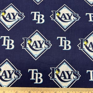 May include: Dark blue fabric patterned with the Tampa Bay Rays baseball team logo. The logo features the word "RAYS" in white, outlined in light blue, and a yellow starburst. The letters "TB" are also present.