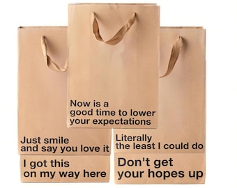 Funny Gift Bag, Black Colorway, 5 Piece Set, Kraft Paper Sack, 11 x 8 x 4 in, Ribbon Handles