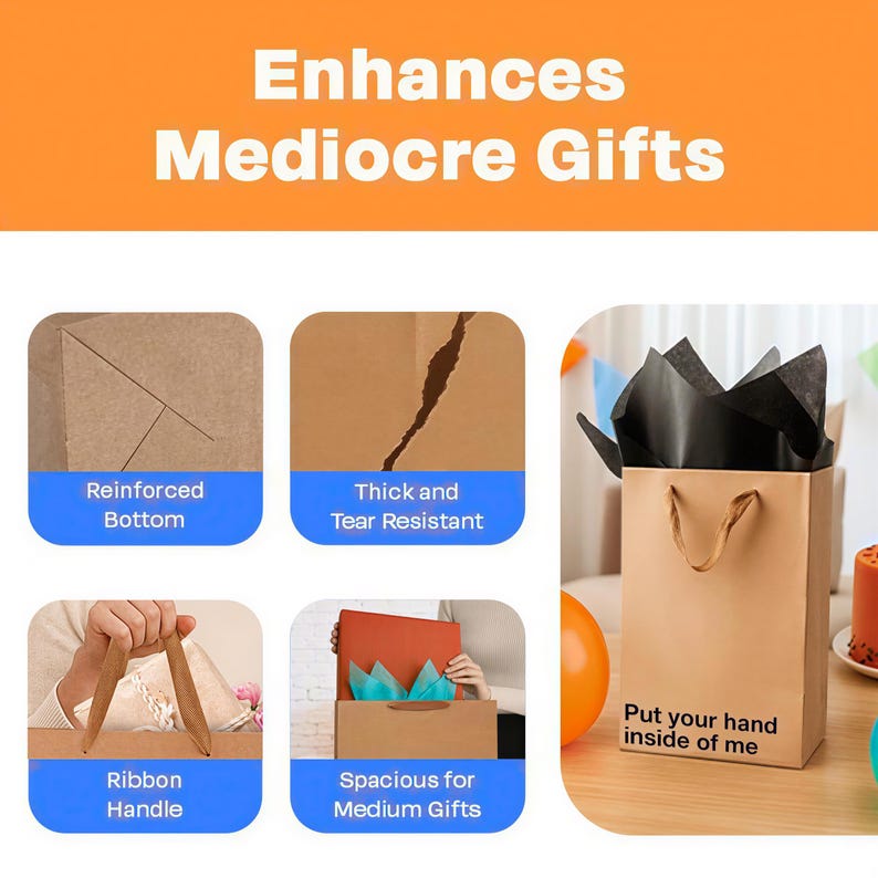The image is a collage of four images, each depicting a different type of gift, including a gift bag, a ribbon handle, a spacious gift, and a tear-resistant gift.