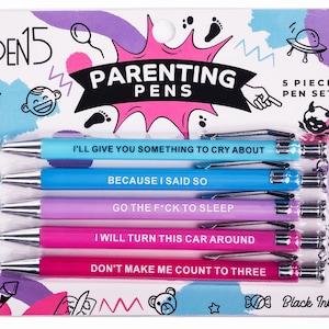 A pack of 5 funny and snarky pens packaged as "Parenting Pens", each with phrases parents have likely uttered to children.