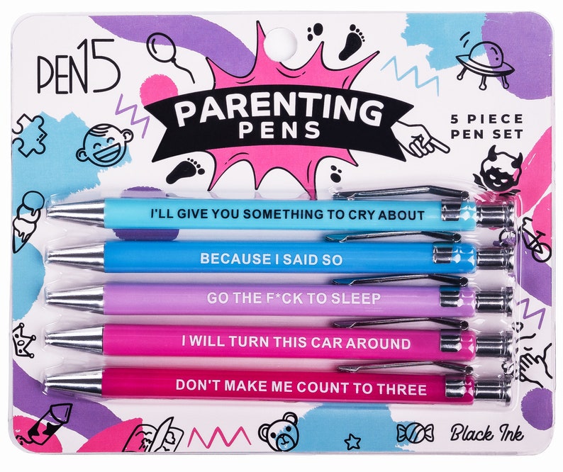 A pack of 5 funny and snarky pens packaged as "Parenting Pens", each with phrases parents have likely uttered to children.
