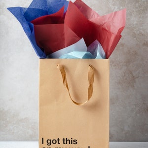 May include: A brown paper gift bag with a brown ribbon handle. The bag is filled with blue, red, and white tissue paper. The bag has the text "I got this on my way here" printed on the front.