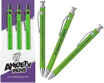 Funny Ballpoint Pens, "Anxiety Quotes", Black Ink Retractable, 3 Piece Set, Office Desk Humor