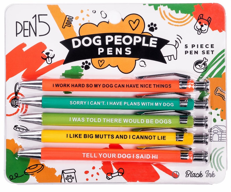 A pack of 5 funny and snarky pens packaged as "Dog People Pens", each with their own unique phrases. This set specifically contains dog puns and is catered towards dog owners.
