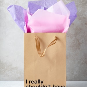 A funny gift bag made from eco-friendly brown kraft paper with "I really shouldn't have" written on the front