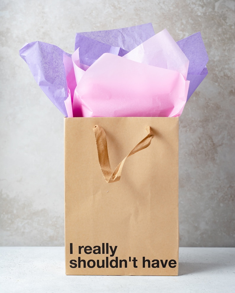 A funny gift bag made from eco-friendly brown kraft paper with "I really shouldn't have" written on the front