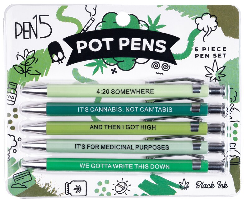 A pack of 5 funny and snarky pens packaged as "Pot Pens", each with their own unique phrases. This set specifically contains stoner puns and is catered towards potheads.