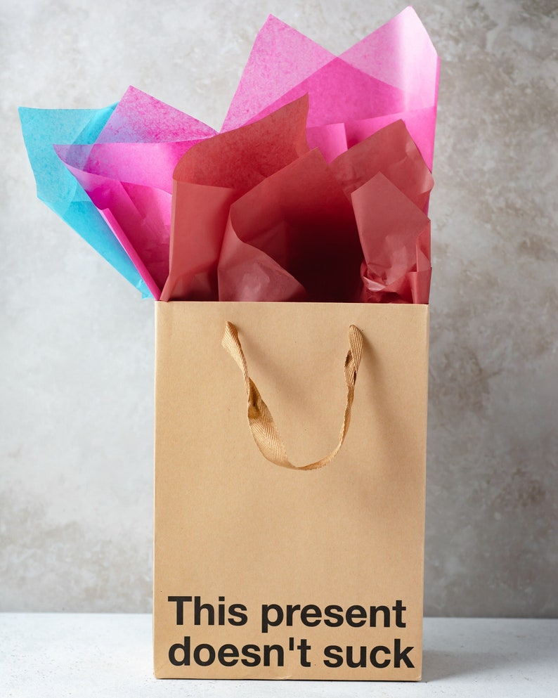A funny gift bag made from eco-friendly brown kraft paper with "This present doesn't suck" written on the front