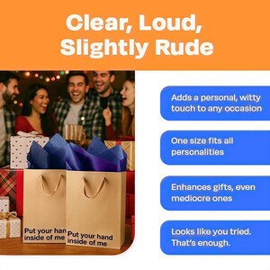 The image is a collage of two images. The first image shows a group of people smiling and laughing around a table with wrapped gifts, while the second image features a humorous text overlay with a list of features of the product.