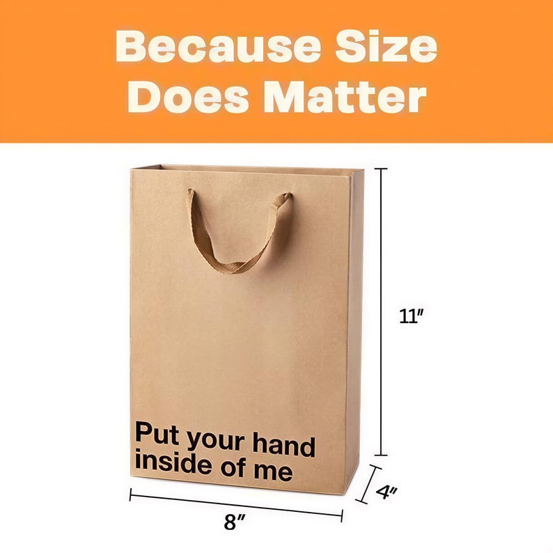 a brown paper shopping bag with a handle, accompanied by text and measurements.