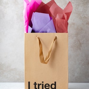 A funny gift bag made from eco-friendly brown kraft paper with "I tried" written on the front