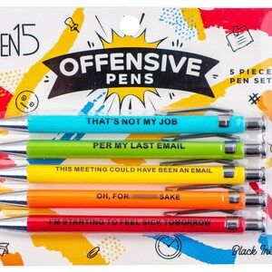 A pack of 5 funny and snarky pens packaged as "Offensive Pens", each with their own unique phrases.