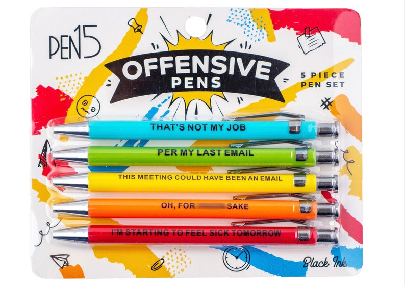 A pack of 5 funny and snarky pens packaged as "Offensive Pens", each with their own unique phrases.
