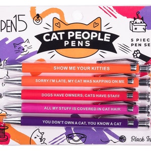 A pack of 5 funny and snarky pens packaged as "Cat People Pens", each with their own unique phrases. This set specifically contains cat puns and is catered towards cat owners.