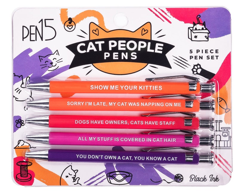 A pack of 5 funny and snarky pens packaged as "Cat People Pens", each with their own unique phrases. This set specifically contains cat puns and is catered towards cat owners.