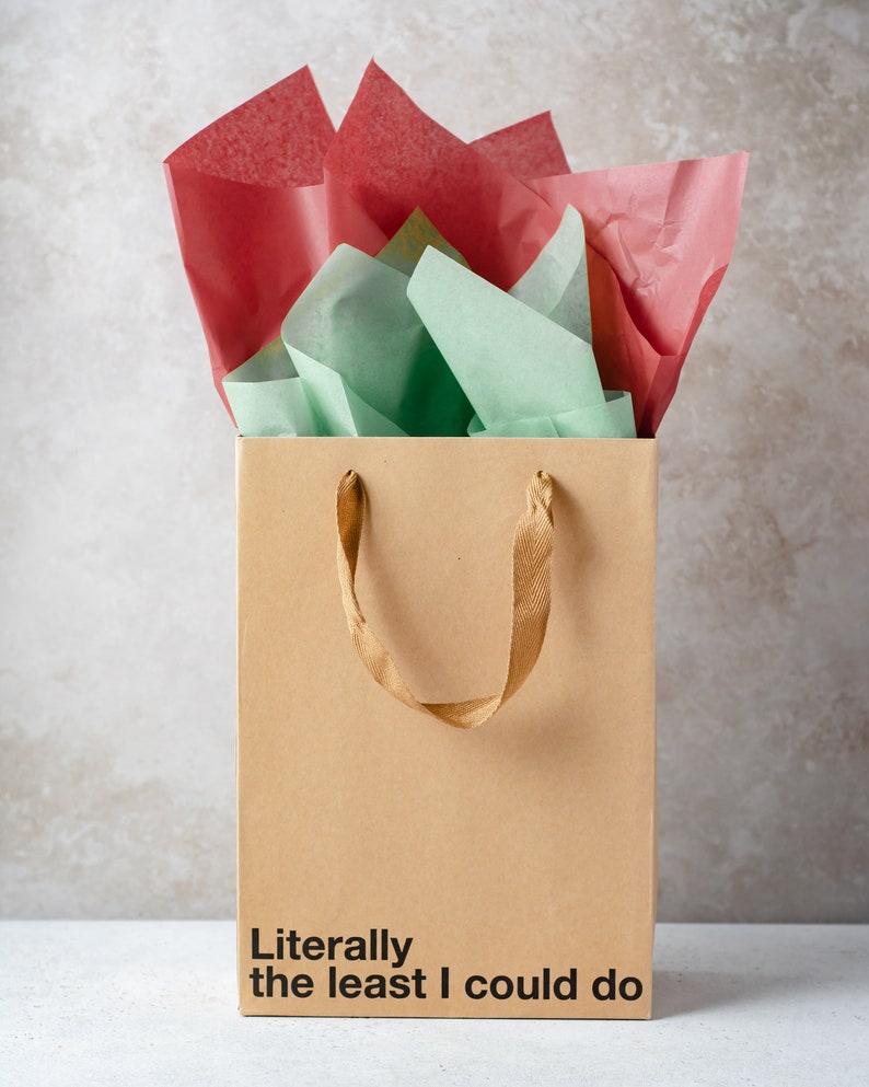 May include: A brown paper gift bag with gold handles and the text "Literally the least I could do" printed on the front. The bag is filled with red and green tissue paper.