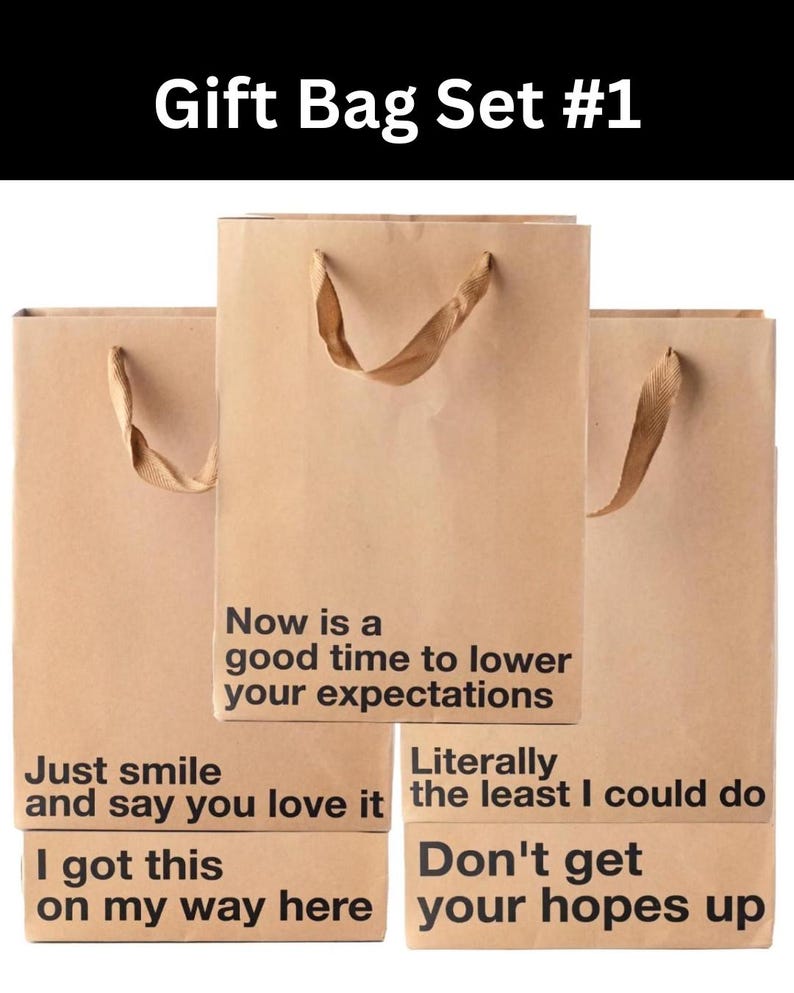 5 Piece Gift Bag Set, Funny gift bag set, gag gifts, , white elephant, holidays, gift wrap Office gift christmas, birthday, secret santa Gift Bag Set #1