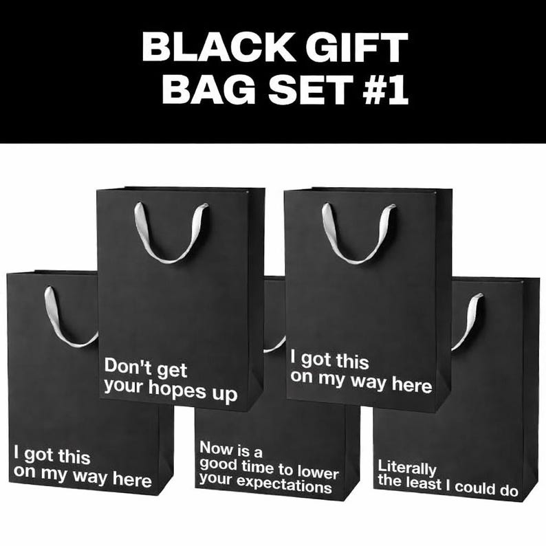 5 Piece Gift Bag Set, Funny gift bag set, gag gifts, , white elephant, holidays, gift wrap Office gift christmas, birthday, secret santa Black Set #1