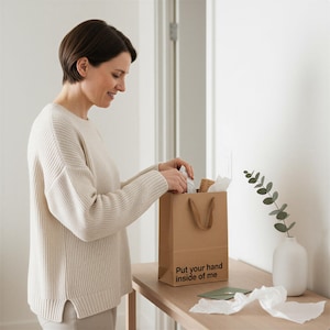 A woman in a white sweater is opening a brown paper bag on a wooden table, with a white vase and greenery nearby.