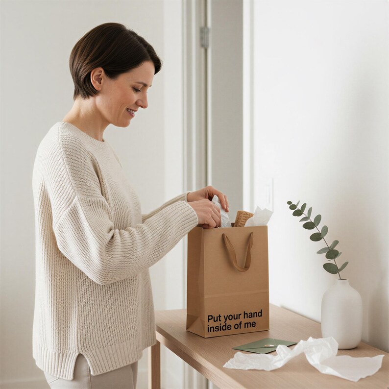 A woman in a white sweater is opening a brown paper bag on a wooden table, with a white vase and greenery nearby.
