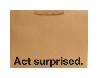 Funny Large Gift Bag "Act Surprised" – 16x6x12 in Reusable Kraft Gag Gift Wrap – Eco-Friendly Birthday Bag with Bold Quote – 1 Piece