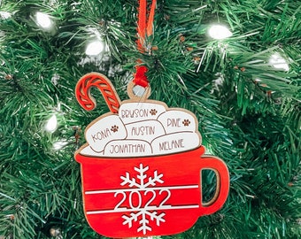 Marshmallow & Cocoa Mug Personalized Family Christmas Ornament, Personalized Pet Christmas Ornament, Peppermint Hot Cocoa Christmas Ornament