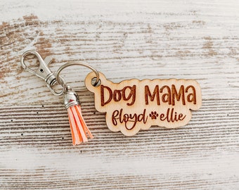 Dog Mama Keychain, Car Key Charm, Wooden Engraved Keychain, Dog Mama Gift, Customizable Dog Mama Keychain