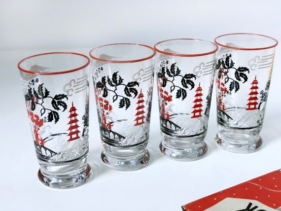 Vintage Drinking Glasses with Asian Scene Mid-Century Chinoiserie set of 6