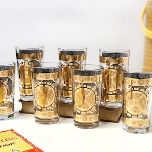 MCM Vito Bari Gold Crest Tulip Highball Glasses, 22K gold with Tulip, Greek, Coat of Arms Design - Set of 7