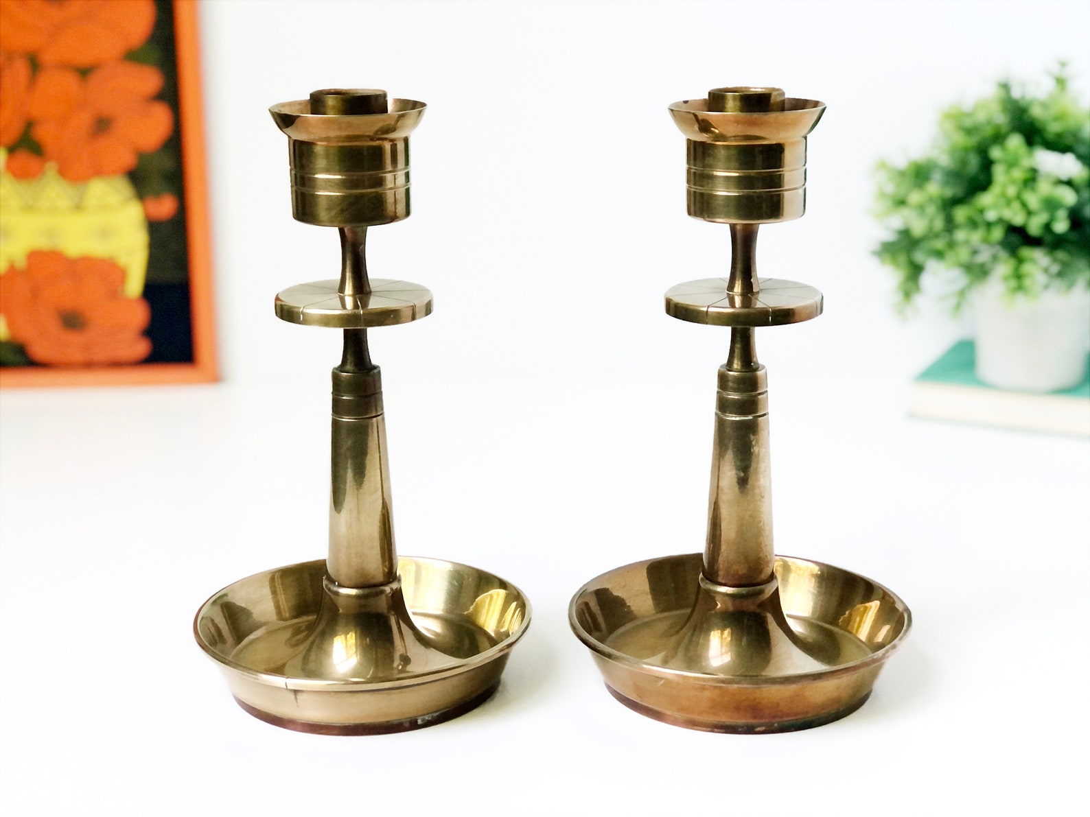 MCM Brass Candlesticks Vintage Brass Candle Holders Etsy