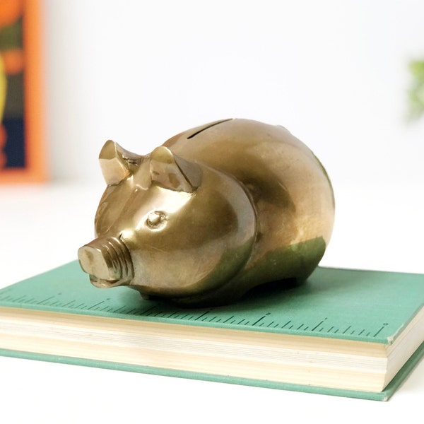 Brass Piggy Bank, Vintage Brass Pig Bank, Vintage Brass Figurine Bank