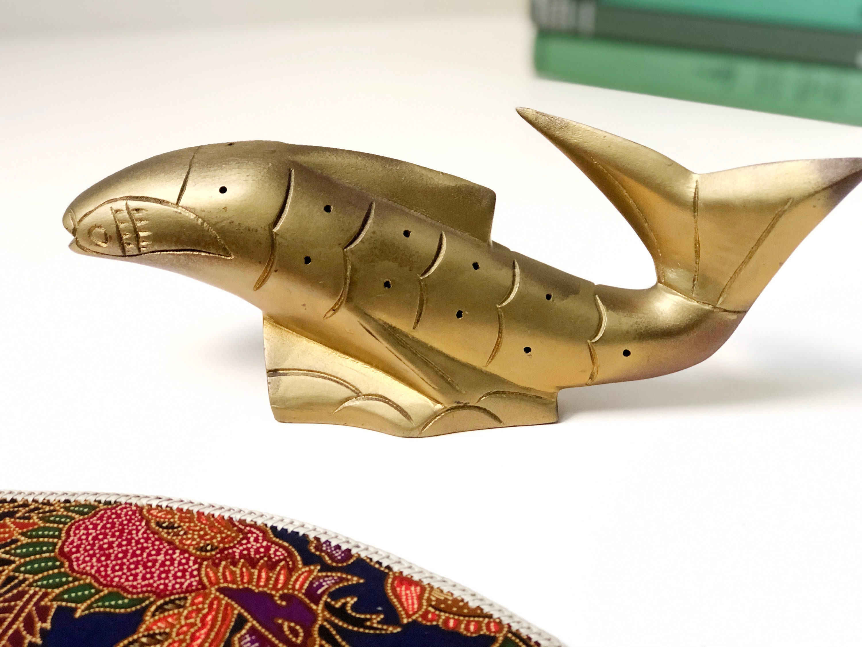 MCM Metallic Fish Toothpick Holder Mahogany Hand Carved in Etsy UK