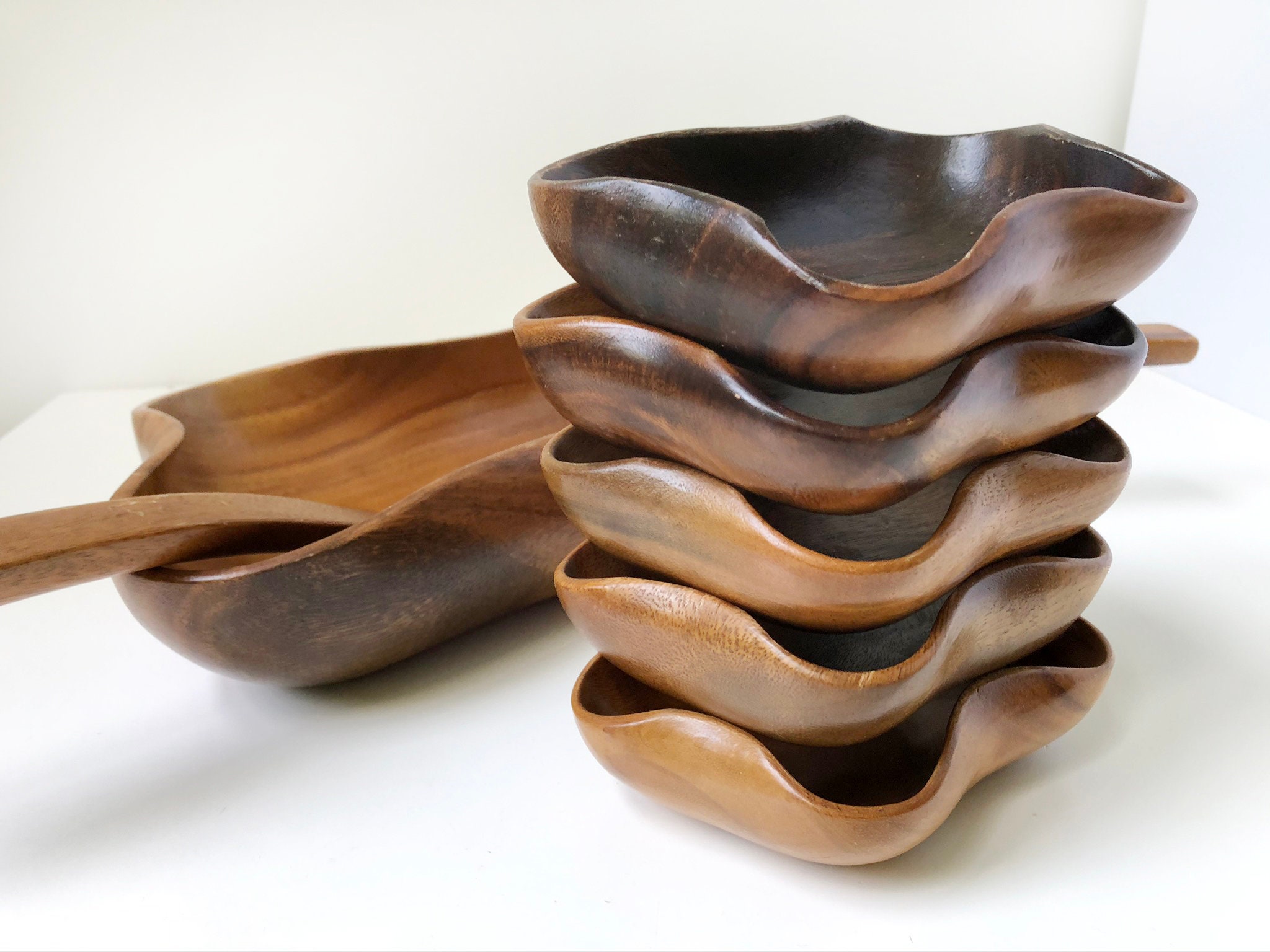 Mid Century Wood Salad Bowl Set Hand Carved circa 196070s Etsy