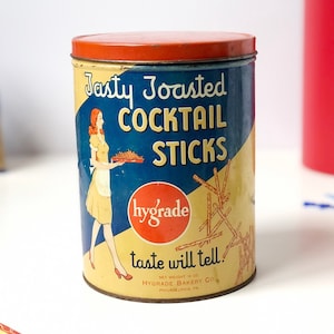 Cocktail Sticks Tin, Vintage Hygrade Bakery Company Tasty Toasted Cocktail Pretzel Sticks Tin, General Store Tin