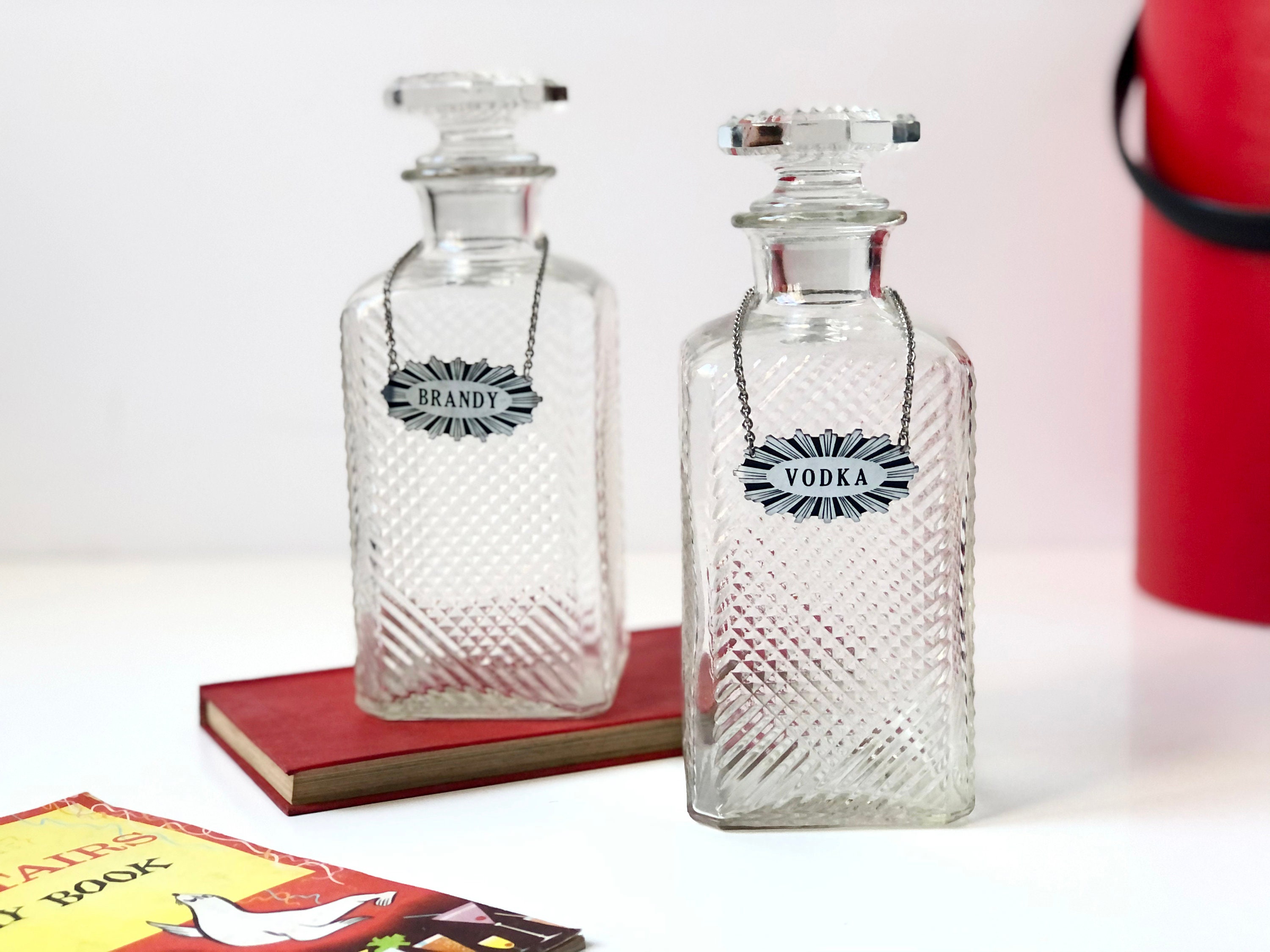 MCM Decanter Set With Labels Vintage Brandy Vodka Glass Etsy