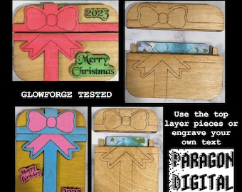SVG Digital Download GIFT CARD Holder Laser Cut File Glowforge Template Merry Christmas Happy Birthday Gift Card Holder Custom Gift Card Box
