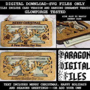 SVG Download digitale A FEW BUCKS Porta soldi Modello di biglietto e ornamento natalizio Glowforge Buone feste Auguri di buone feste Cervo maschio