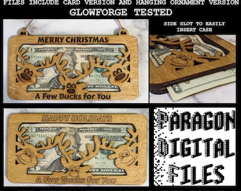 Può includere: Due ornamenti di renna in legno con una fessura per contanti. Gli ornamenti sono tagliati al laser e hanno il testo "Buon Natale" e "Un po' di soldi per te".