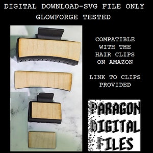 以下が含まれることがあります： 黒いプラスチック製の留め具が付いた木製のヘアクリップが4つ。クリップはAmazonで販売されているヘアクリップと互換性があります。画像には、「DIGITAL DOWNLOAD-SVG FILE ONLY GLOWFORGE TESTED COMPATIBLE WITH THE HAIR CLIPS ON AMAZON LINK TO CLIPS PROVIDED PARAGON DIGITAL FILES」というテキストが含まれています。