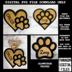 PAW PRINT SVG Laser Gravure Fichier Ornement Bundle Téléchargement numérique Glowforge Testé Coeur Ornement de Noël pour animaux de compagnie Idéal pour les débutants Personnalisé