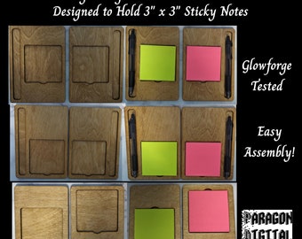 May include: Three wooden note holder designs with a pen slot and a space for a 3x3 inch sticky note. The designs are shown with yellow and pink sticky notes. The text "Glowforge Tested" and "Easy Assembly!" is visible in the image. The text "PARAGON DIGITAL FILES" is also visible in the image.