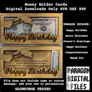 SVG Digital Download Money Holder Card Template Glowforge DXF Pdf svg files Personalized Cash Holder Diy Gift Birthday Christmas Thank You