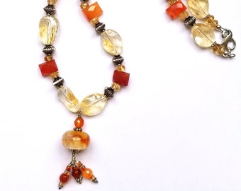 18" Yellow Lampwork Pendant, Citrine and Carnelian Necklace