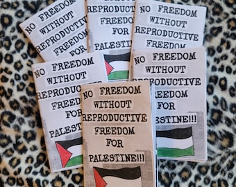 May include: Six small, handmade paper pamphlets with the text "No Freedom Without Reproductive Freedom for Palestine" printed on them. Each pamphlet features a hand-drawn Palestinian flag.