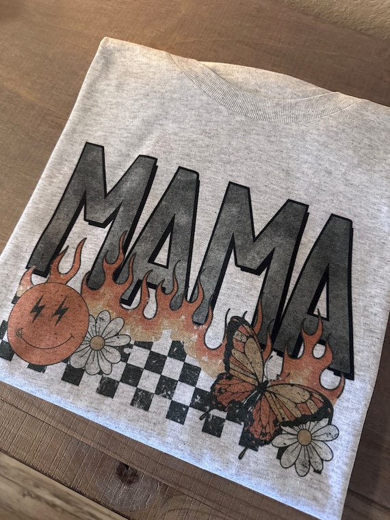 Retro Mama Flame Graphic Tee, Checkered Shirt