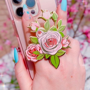 Enamel pin spring roses phone holder accessory gold plated